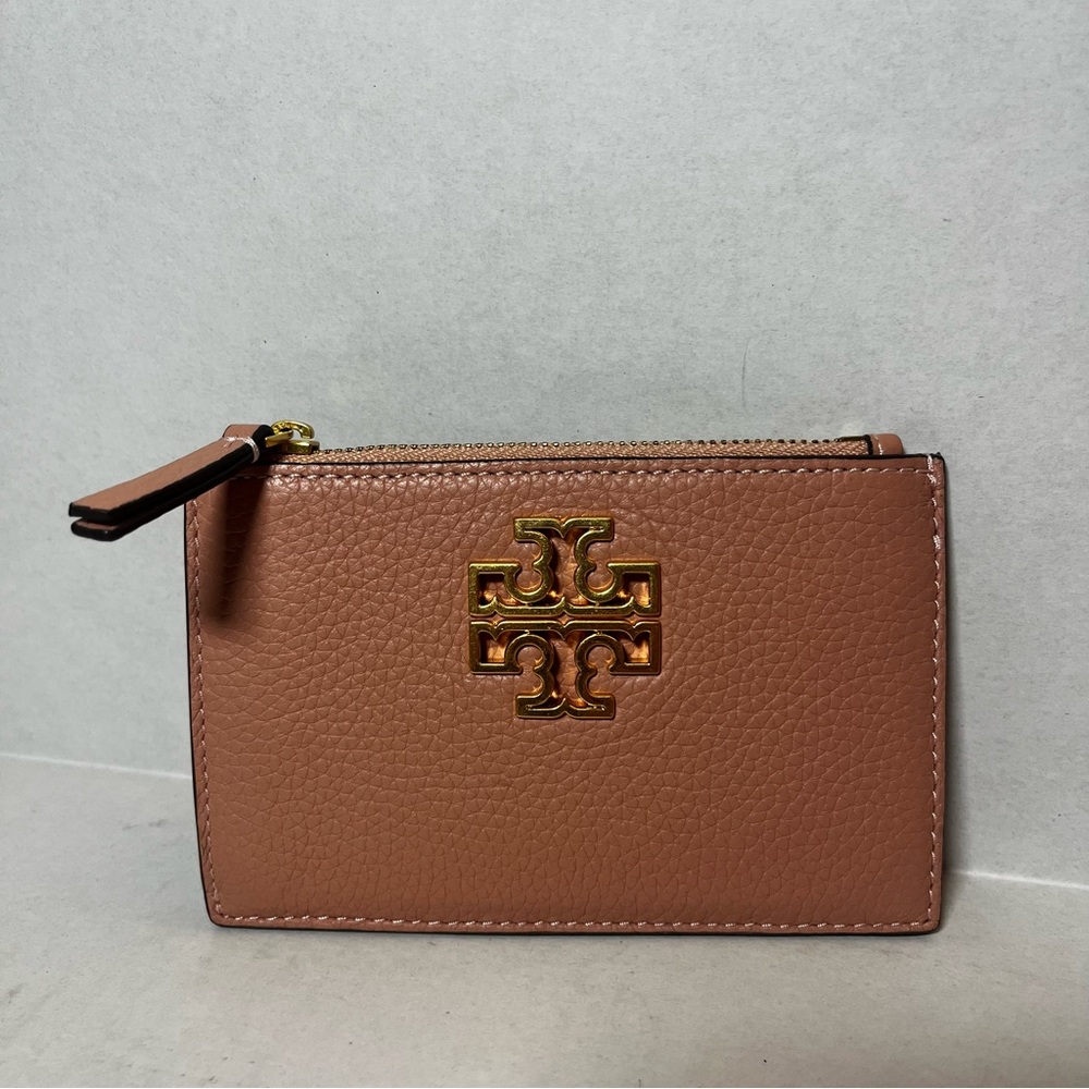 Tory Burch Britten Soft Leather Zip Card Case in Pink Moon
